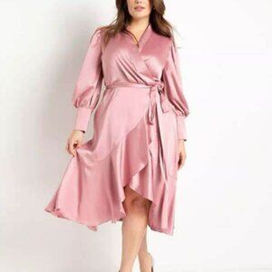 Eloquii Pink Bishop Long Sleeve Wrap Dress High Low Tie Front Satin Size 24